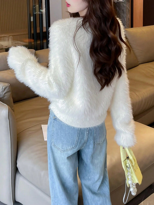 Casual Solid Color Fluffy Round Neck Cardigan,Long Sleeve Tops