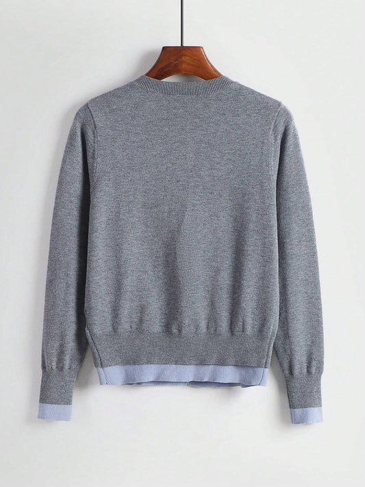 Contrast Color Open Cardigan 2 In 1 Crew Neck Loose Casual Basic Knit Sweater, Long Sleeve Tops Fall Winter Cloth For Women