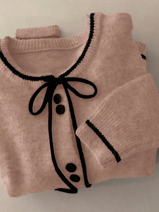 Women Colorblock Bowknot Long Sleeve Knit Sweater, Casual Autumn/Winter,Long Sleeve Tops