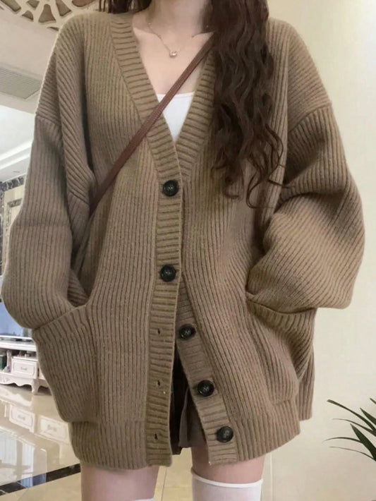 Women's Solid Drop Shoulder Long Sleeve Button Front Cardigan With Pockets, Autumn/Winter