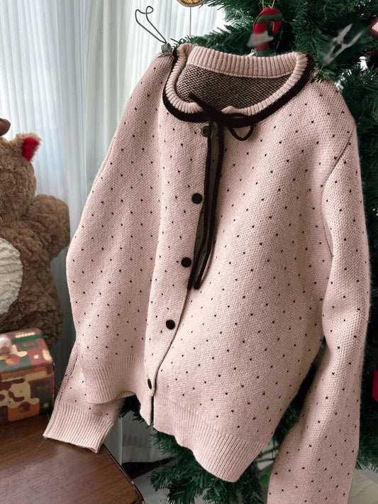 Women's Round Neck Long Sleeve Button Front Casual Polka Dot Sweater,Fall Women Clothes