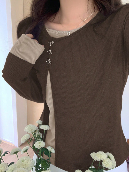 Women's Contrast Color Long Sleeve 2 In 1 Oblique Collar Round Neck Butterfly T-Shirt,Fall Clothes
