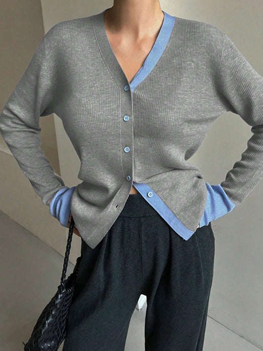 Women's Color-Block Trim Button-Up V-Neck Cardigan Sweater