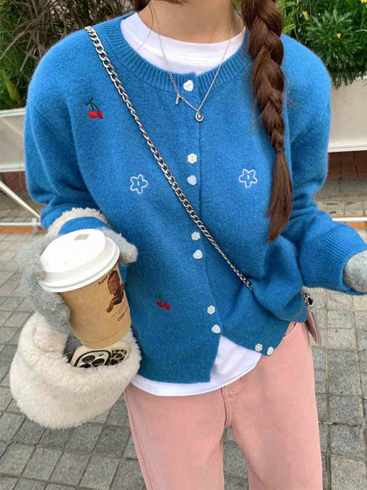 Autumn/Winter New Fashion Sweet Minimalist Collegiate Style Cherry Blossom Embroidery Single-Breasted Round Neck Long Sleeve Women Knitted Cardigan, Suitable For Daily Wear