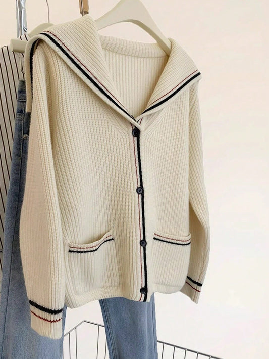 Cream Sailor Collar Knit Cardigan - Fall/Winter With Black & Red Striped Trim & 4 Buttons | Christmas Party & Campus Date