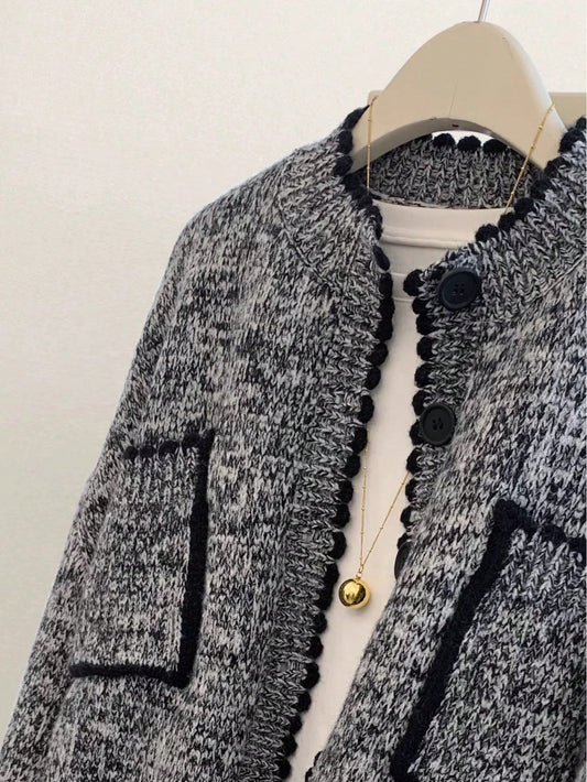 Women's Solid Gray Knitted Long Sleeve Cardigan With Pockets, Soft & Casual Knitwear Top, Suitable For Y2K, Music Festivals, Parties, Back To School, Autumn/Winter