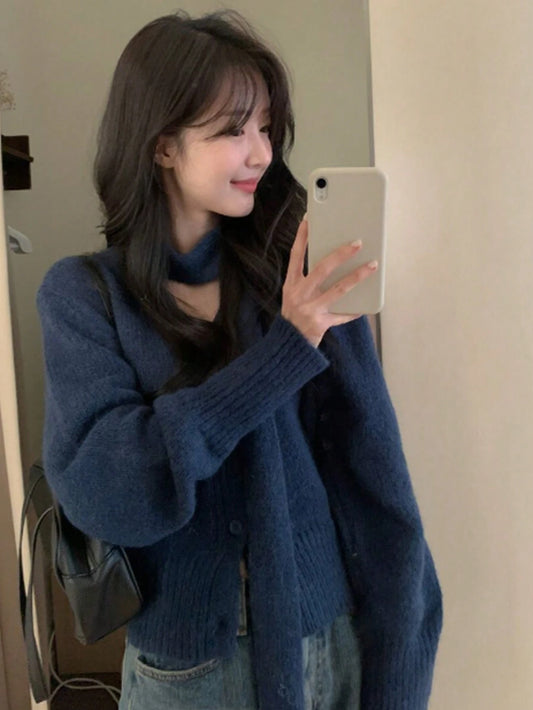 Korean Chic New Arrival Niche Vintage French Style V-Neck Long Sleeve Sweater Cardigan With Scarf