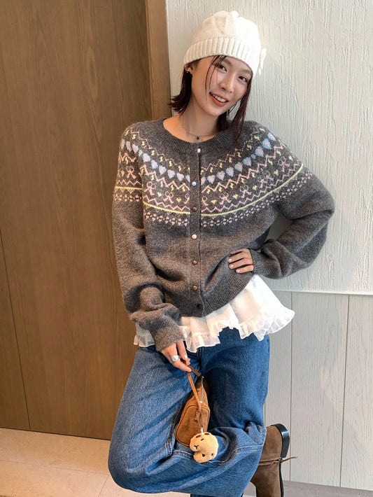Women's Round Neck Korean Style Contrast Color Decorative Heart Cardigan Fall/Winter