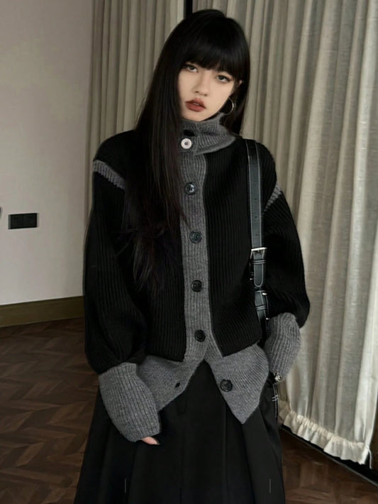 Retro Casual Design Niche Contrast Color Knit Cardigan, Women, Autumn/Winter