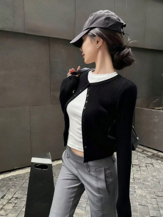 Early Autumn Casual Korean Style Slim Fit Cardigan Sweater For Women