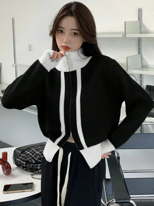 Women's Contrast Color Long Sleeve Zip-Up Cardigan, Autumn/Winter