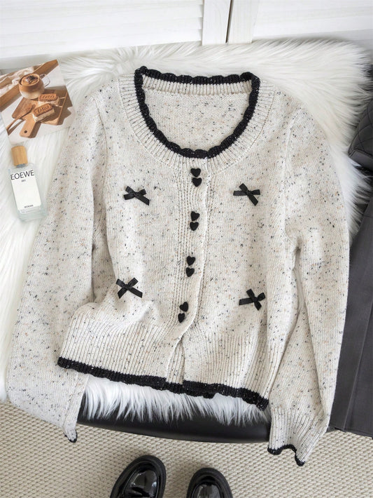 Bow Tie Long Sleeve Sweater Cardigan For Women, Loose Knit Colorblock Cardigan, Sweet Style, Autumn/Winter