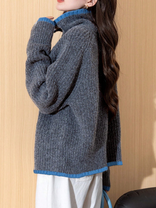 Women's Casual Vintage Style Contrast Color Trim Knitted Cardigan, Autumn/Winter