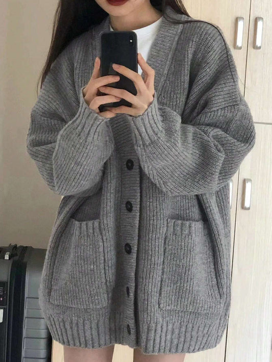 Women's Solid Drop Shoulder Long Sleeve Button Front Cardigan With Pockets, Autumn/Winter