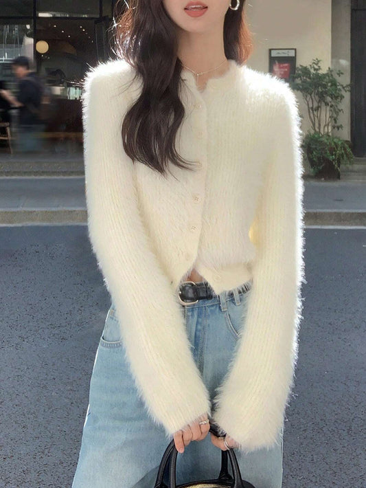 Casual Solid Color Fluffy Round Neck Cardigan,Long Sleeve Tops