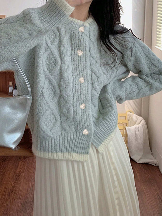 Women Loose Long Sleeve Casual Cable Knit Heart Button Cardigan
