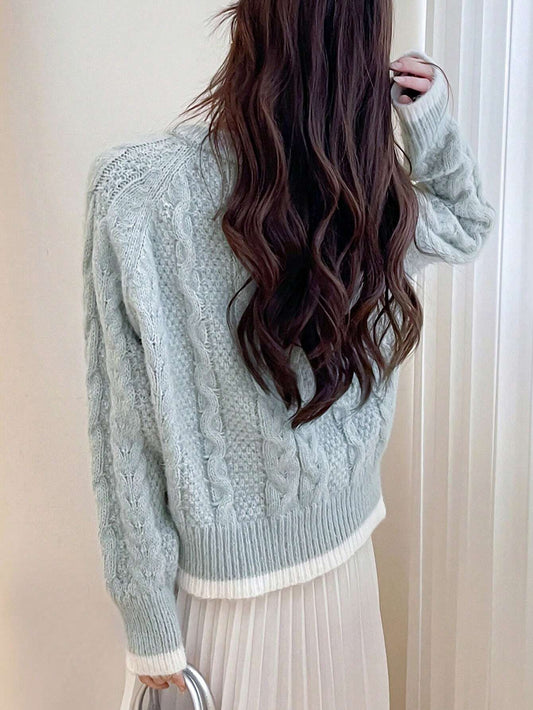 Women Loose Long Sleeve Casual Cable Knit Heart Button Cardigan