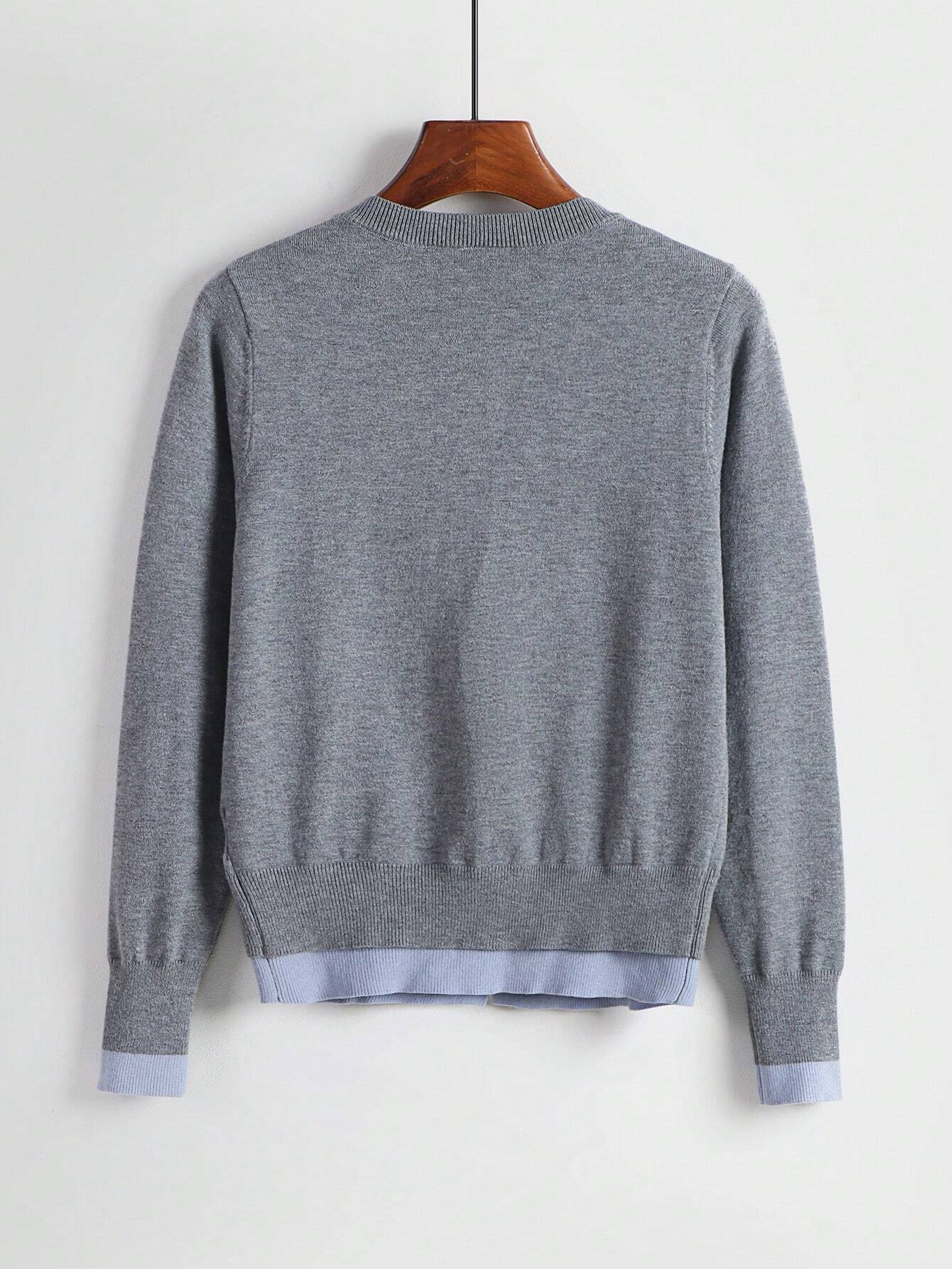 Contrast Color Open Cardigan 2 In 1 Crew Neck Loose Casual Basic Knit Sweater, Long Sleeve Tops Fall Winter Cloth For Women