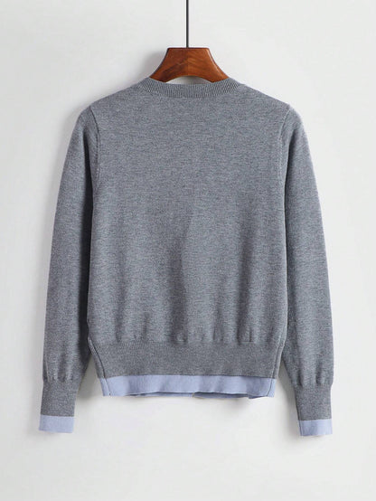 Contrast Color Open Cardigan 2 In 1 Crew Neck Loose Casual Basic Knit Sweater, Long Sleeve Tops Fall Winter Cloth For Women