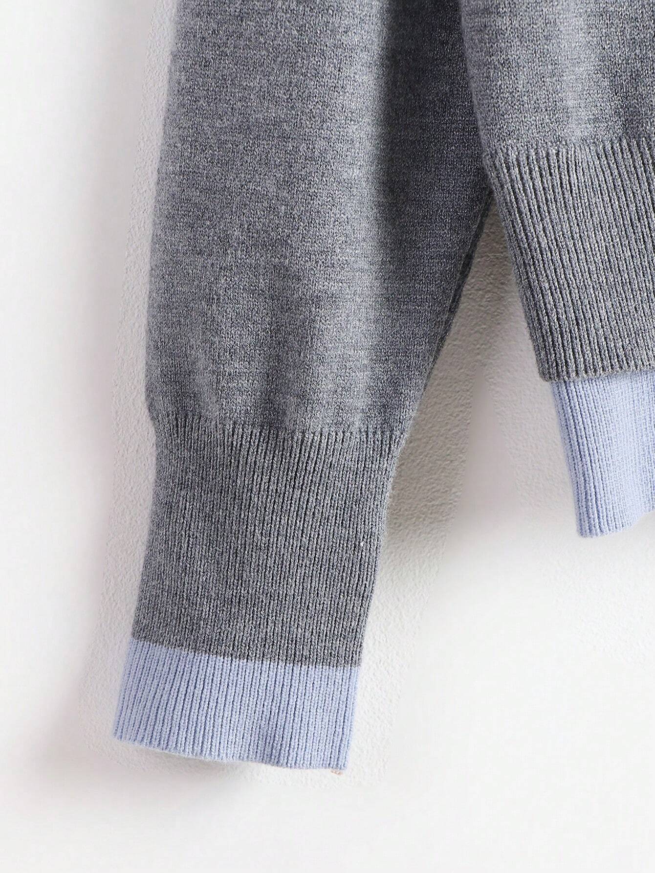 Contrast Color Open Cardigan 2 In 1 Crew Neck Loose Casual Basic Knit Sweater, Long Sleeve Tops Fall Winter Cloth For Women