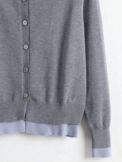 Contrast Color Open Cardigan 2 In 1 Crew Neck Loose Casual Basic Knit Sweater, Long Sleeve Tops Fall Winter Cloth For Women
