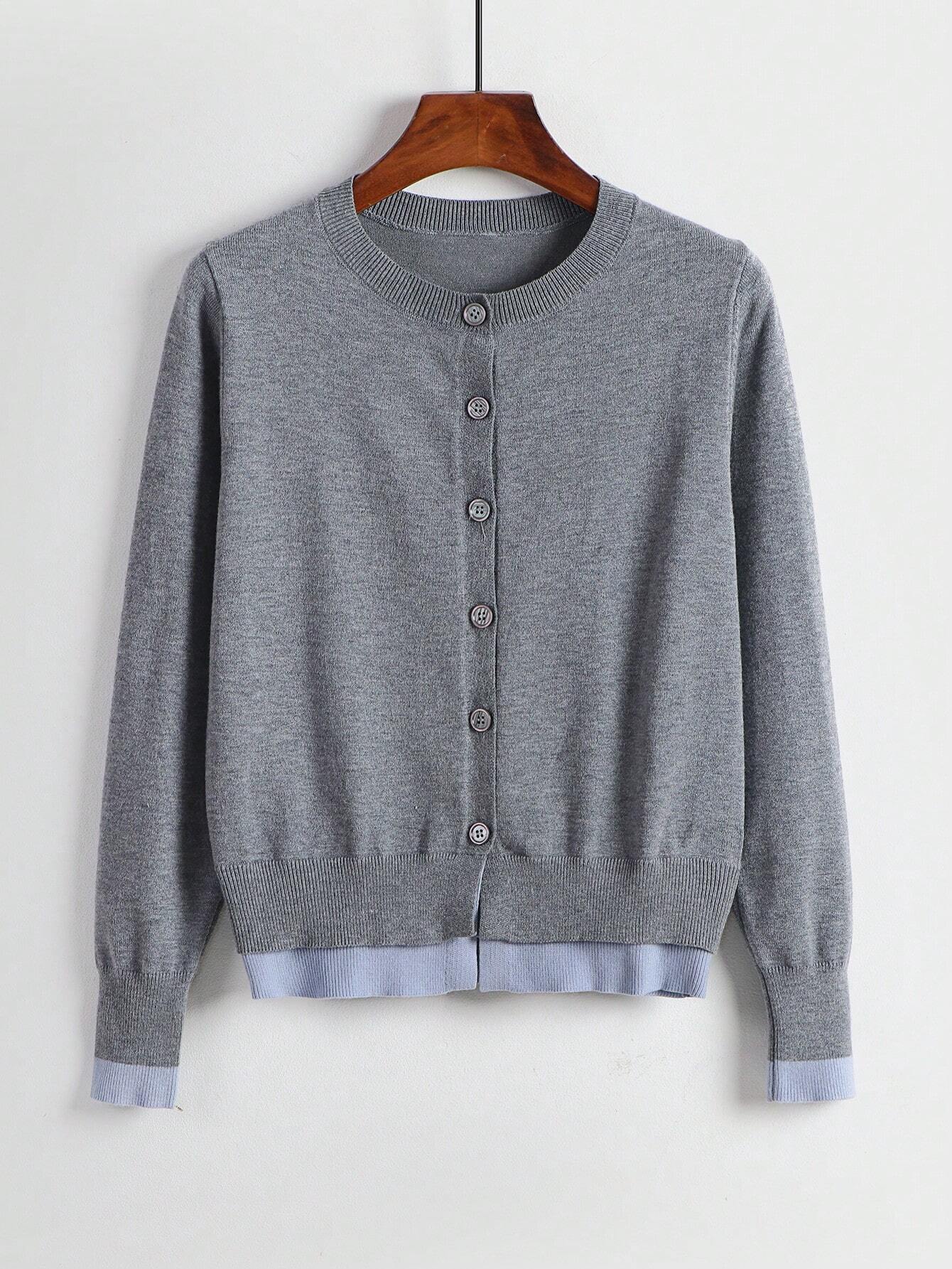 Contrast Color Open Cardigan 2 In 1 Crew Neck Loose Casual Basic Knit Sweater, Long Sleeve Tops Fall Winter Cloth For Women