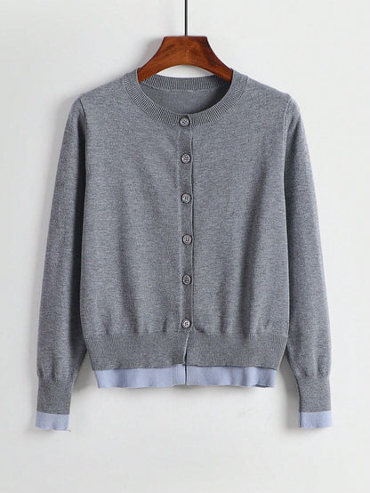 Contrast Color Open Cardigan 2 In 1 Crew Neck Loose Casual Basic Knit Sweater, Long Sleeve Tops Fall Winter Cloth For Women