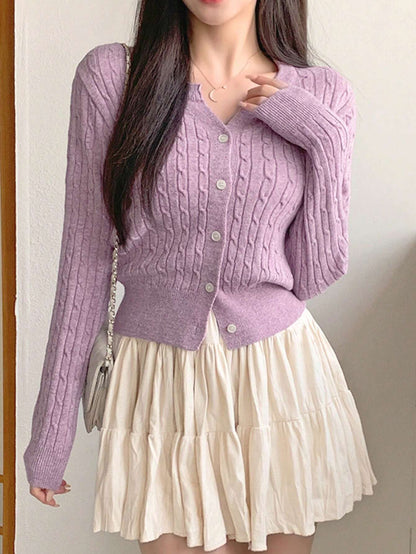 Women Casual Solid Color Twist Knit Fitted Cardigan, Autumn/Winter