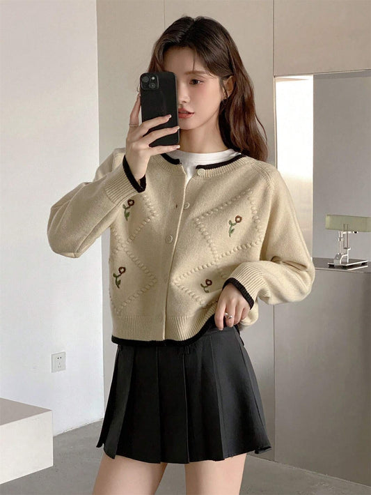 Retro Flowers Embroidered Design Women Sweater Cardigan, Autumn & Winter, For Daily N Commuting, Long Sleeve Tops