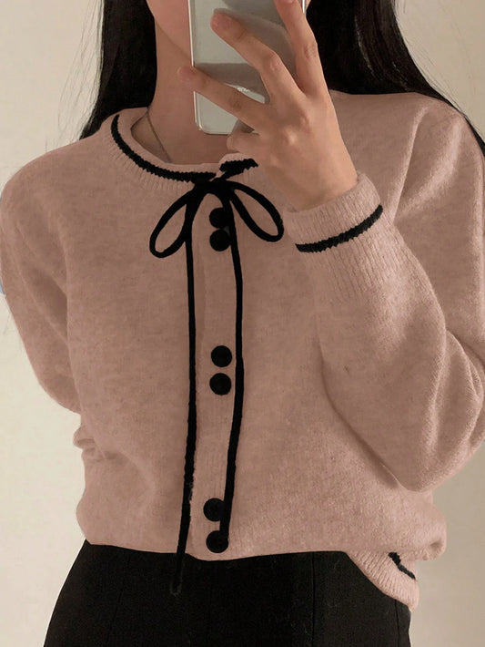 Women Colorblock Bowknot Long Sleeve Knit Sweater, Casual Autumn/Winter,Long Sleeve Tops