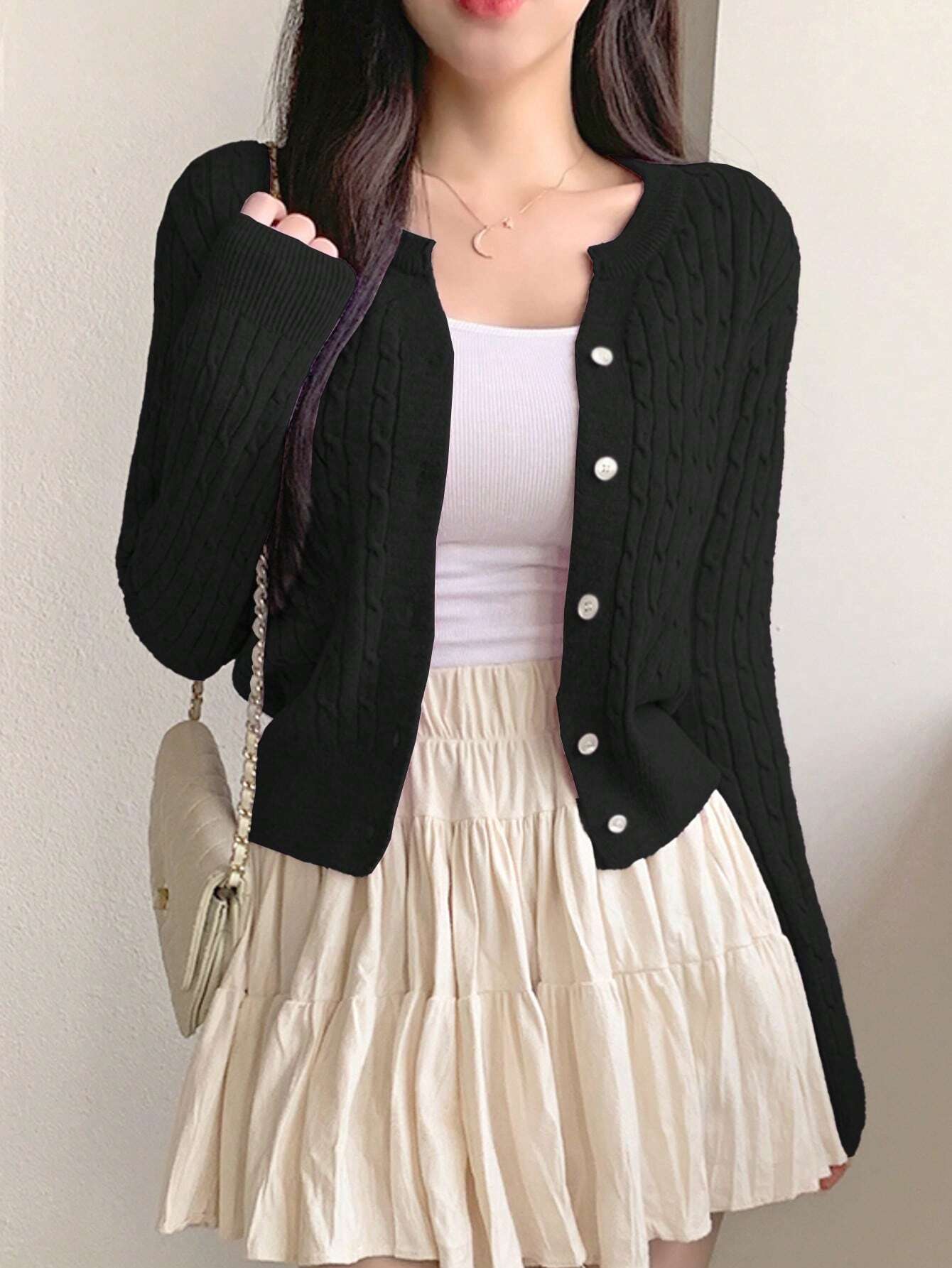 Women Casual Solid Color Twist Knit Fitted Cardigan, Autumn/Winter