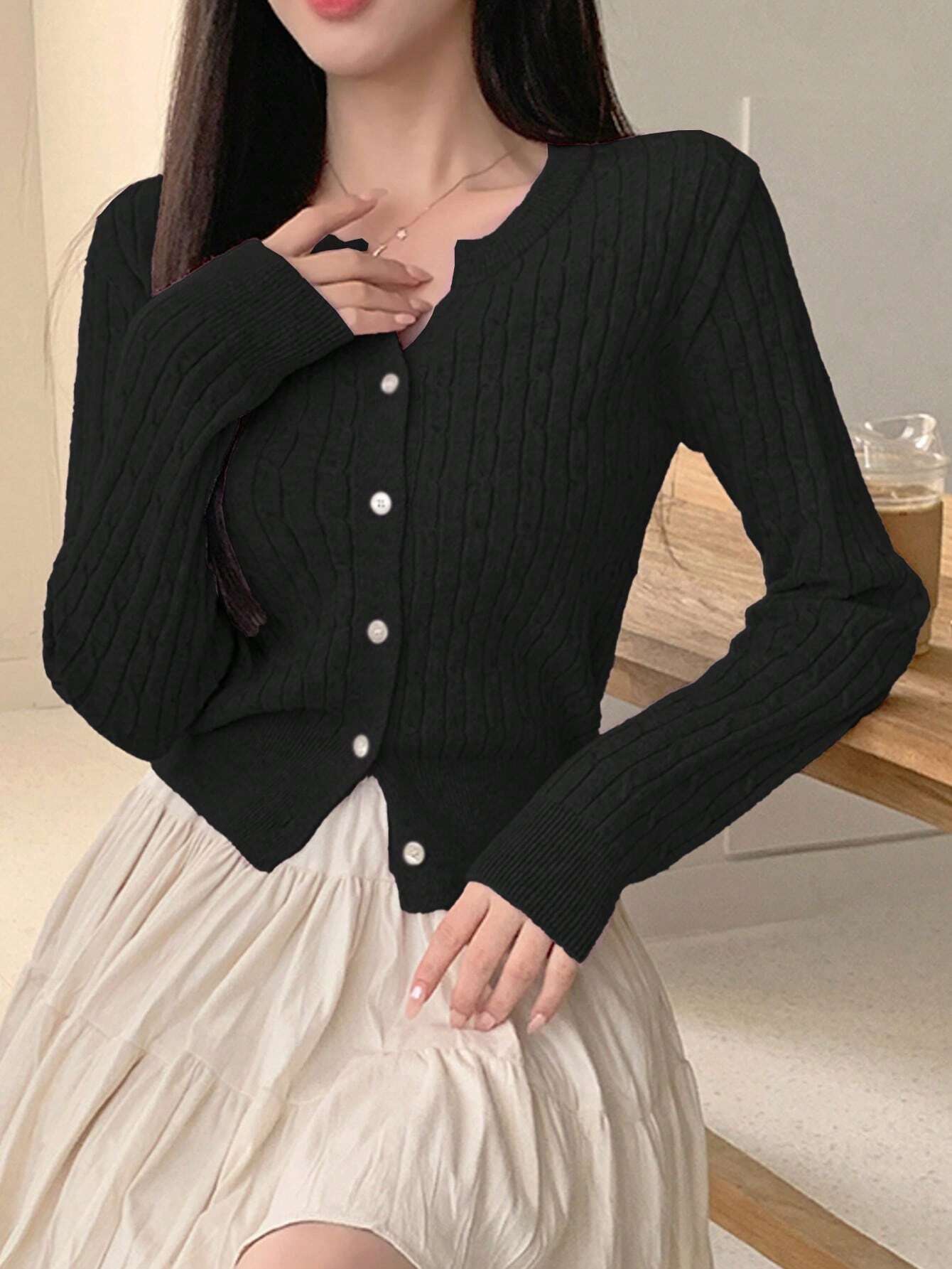 Women Casual Solid Color Twist Knit Fitted Cardigan, Autumn/Winter