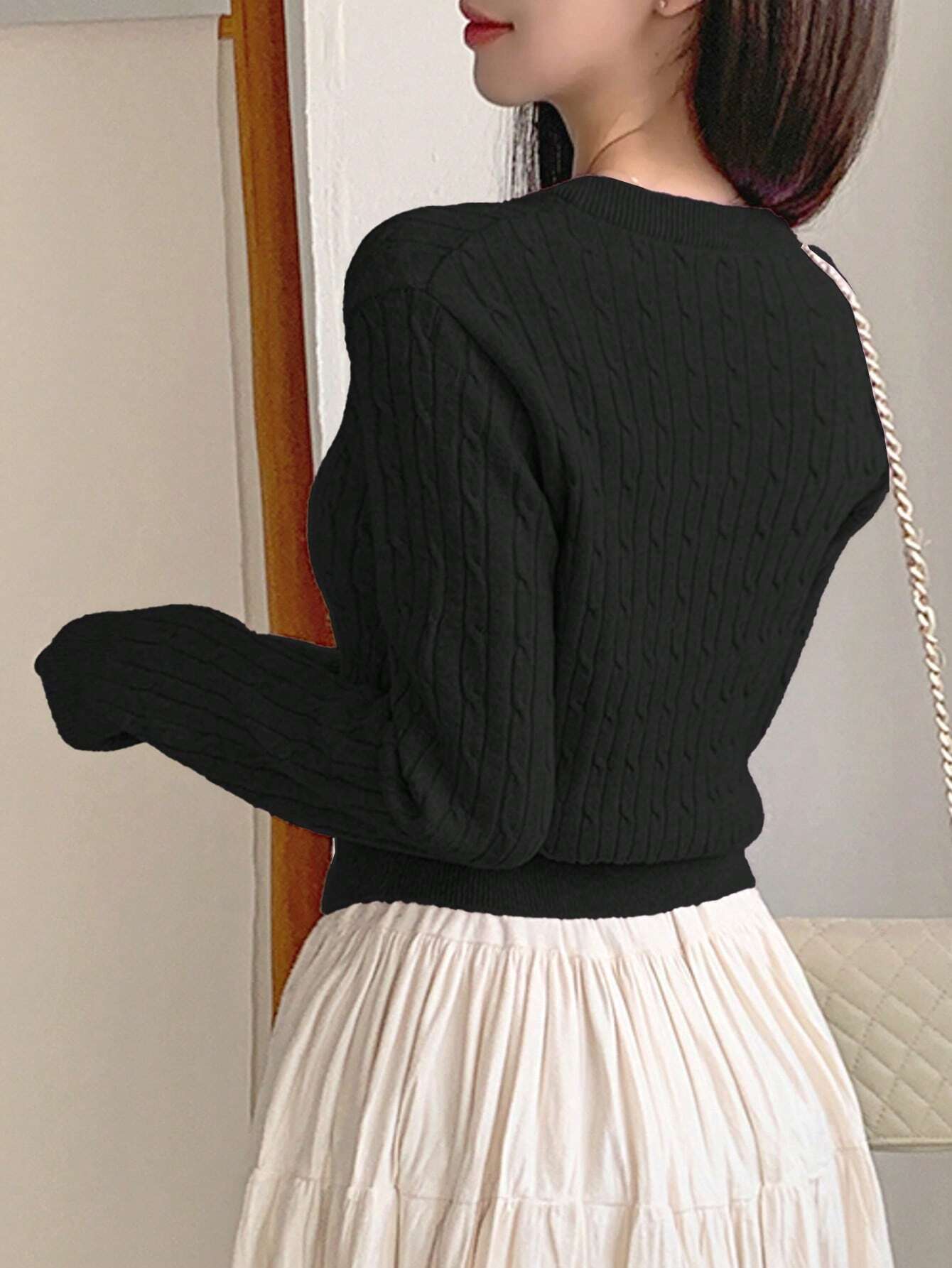 Women Casual Solid Color Twist Knit Fitted Cardigan, Autumn/Winter