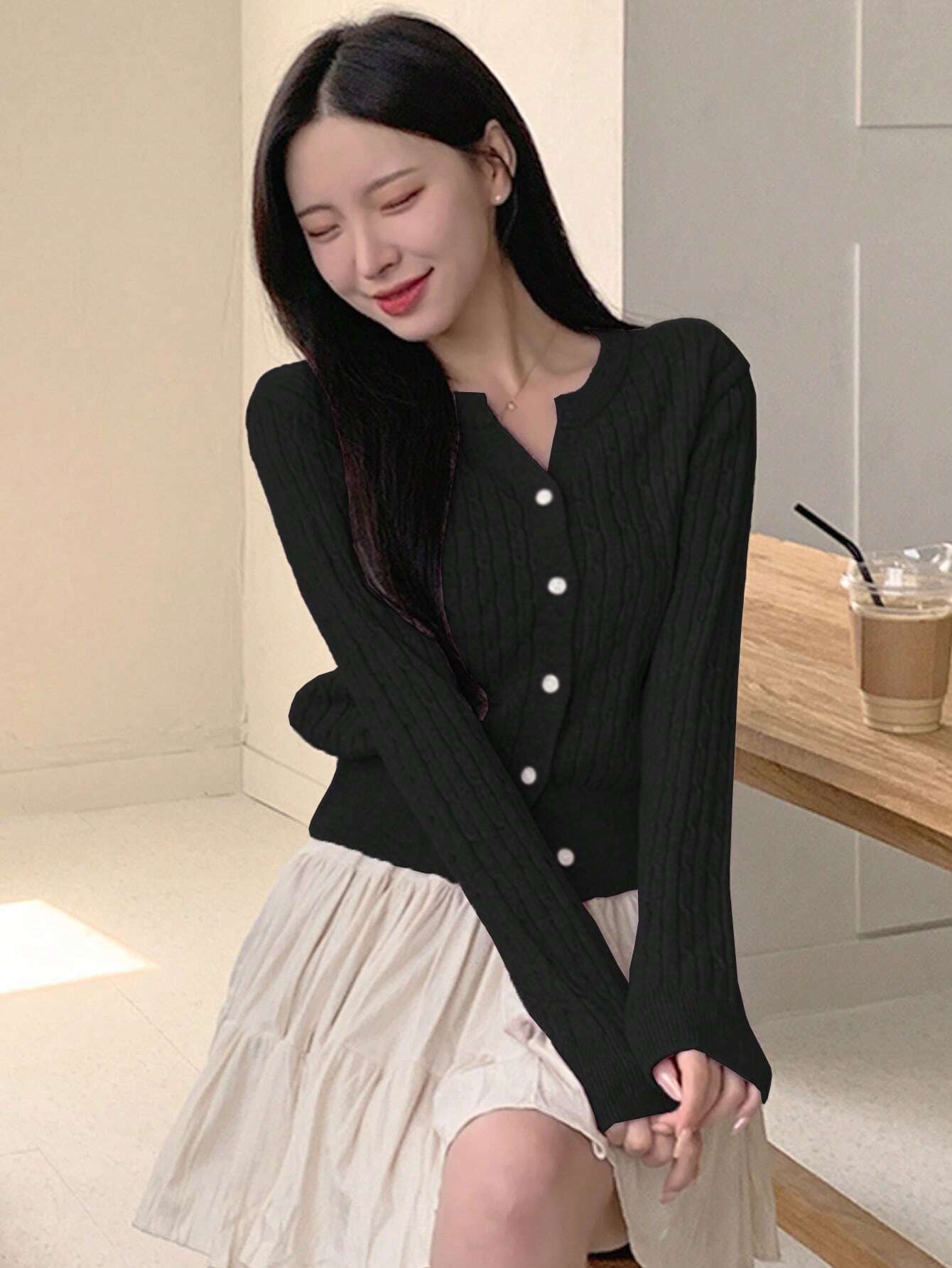 Women Casual Solid Color Twist Knit Fitted Cardigan, Autumn/Winter