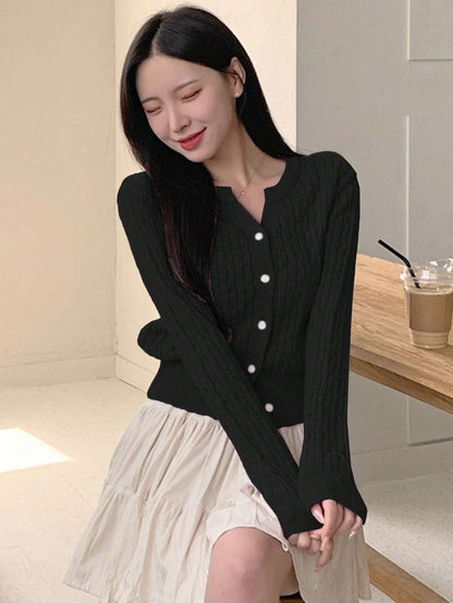 Women Casual Solid Color Twist Knit Fitted Cardigan, Autumn/Winter