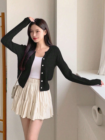 Women Casual Solid Color Twist Knit Fitted Cardigan, Autumn/Winter