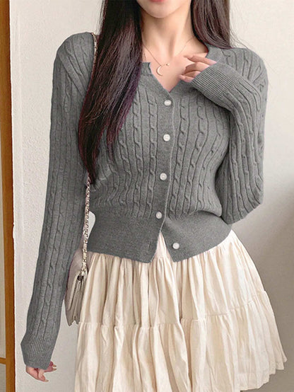 Women Casual Solid Color Twist Knit Fitted Cardigan, Autumn/Winter
