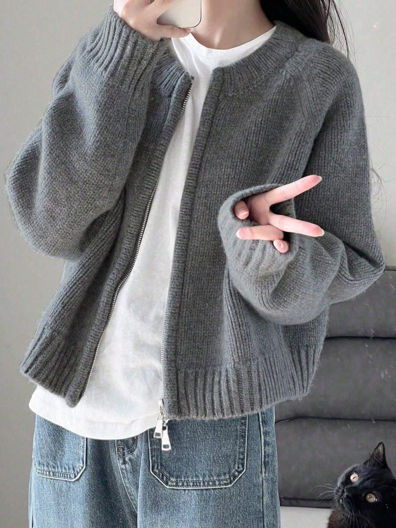 Warm Outerwear Two-Way Zipper Women's Sweater Cardigan Knit Coat, Autumn/Winter,Back To School,Christmas And New Year's Elegant And Casual Long-Sleeved Top