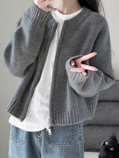 Warm Outerwear Two-Way Zipper Women's Sweater Cardigan Knit Coat, Autumn/Winter,Back To School,Christmas And New Year's Elegant And Casual Long-Sleeved Top