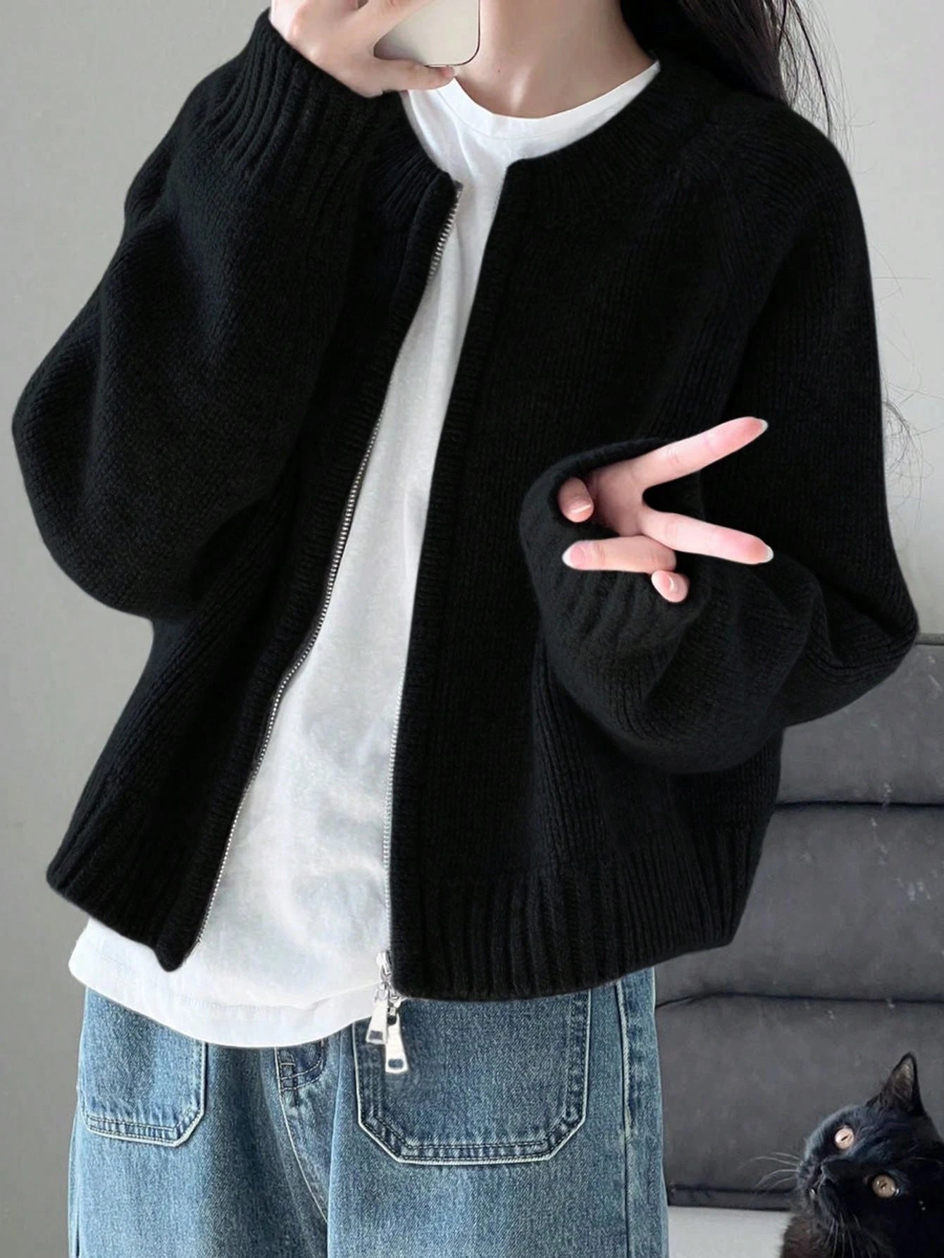 Warm Outerwear Two-Way Zipper Women's Sweater Cardigan Knit Coat, Autumn/Winter,Back To School,Christmas And New Year's Elegant And Casual Long-Sleeved Top