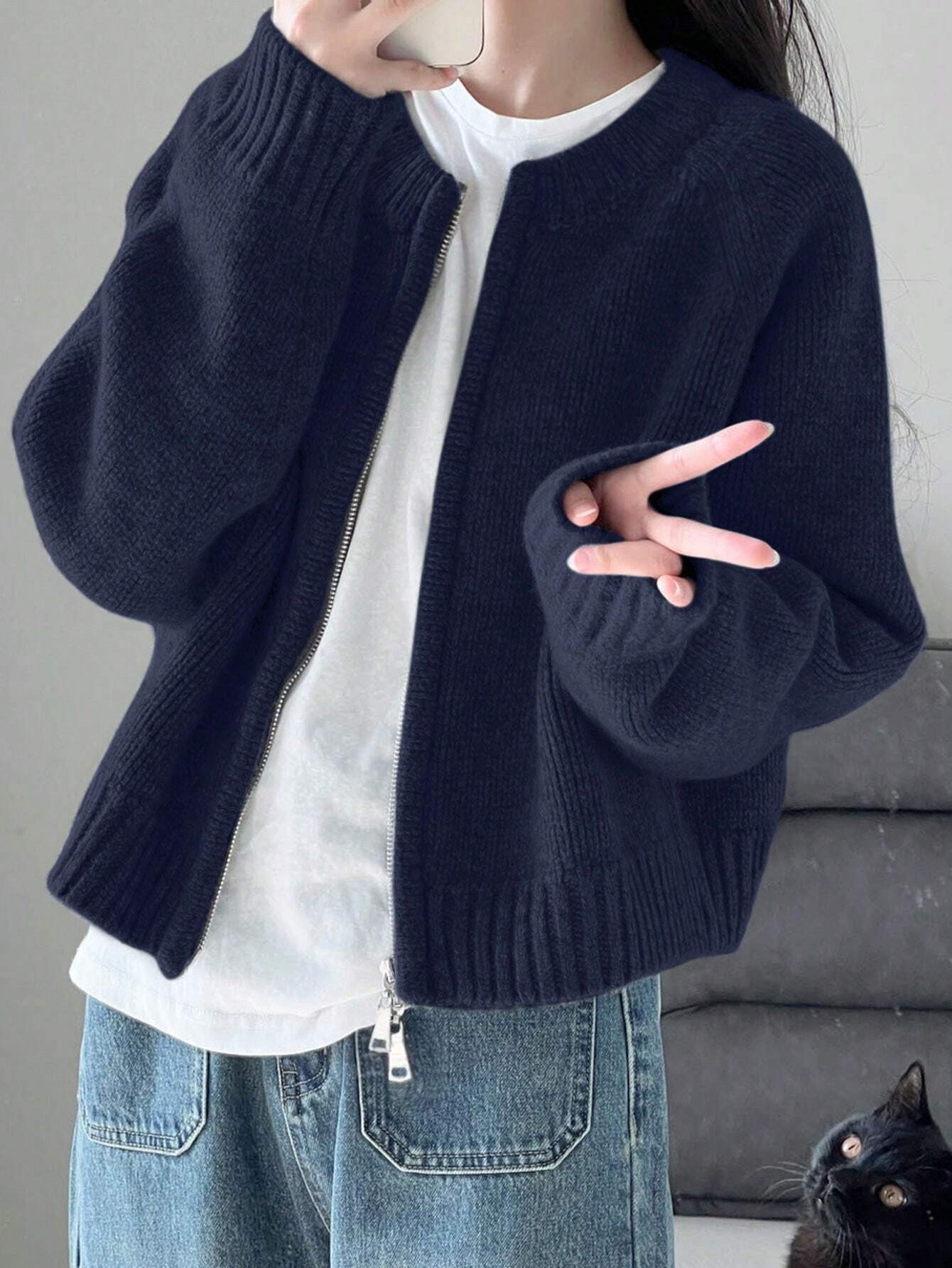 Warm Outerwear Two-Way Zipper Women's Sweater Cardigan Knit Coat, Autumn/Winter,Back To School,Christmas And New Year's Elegant And Casual Long-Sleeved Top