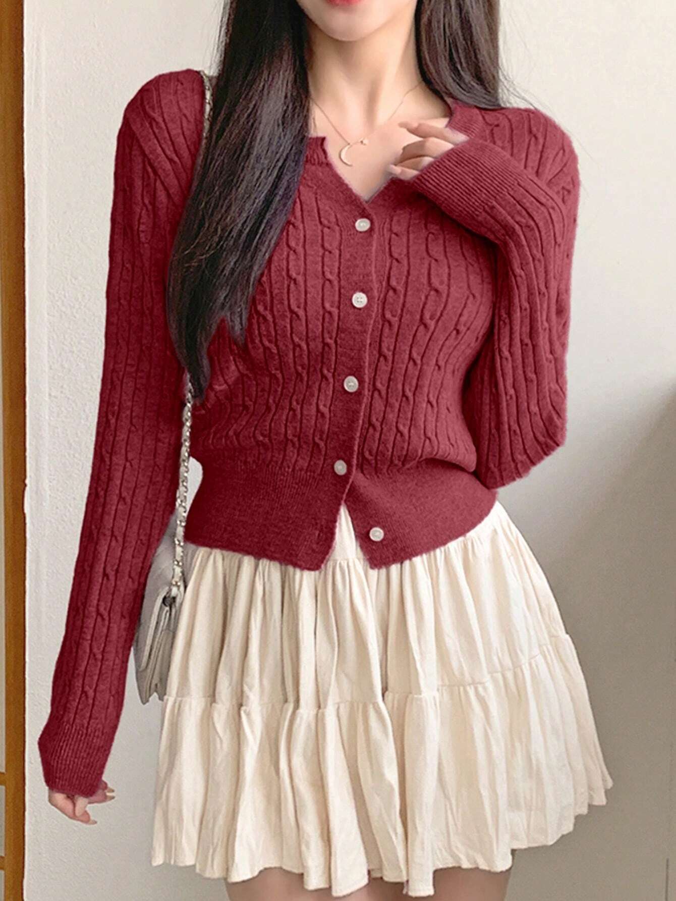 Women Casual Solid Color Twist Knit Fitted Cardigan, Autumn/Winter