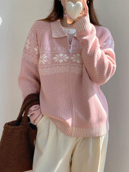 Floral Jacquard Loose Long Sleeve Lapel Women Cardigan,Fall Women Clothes