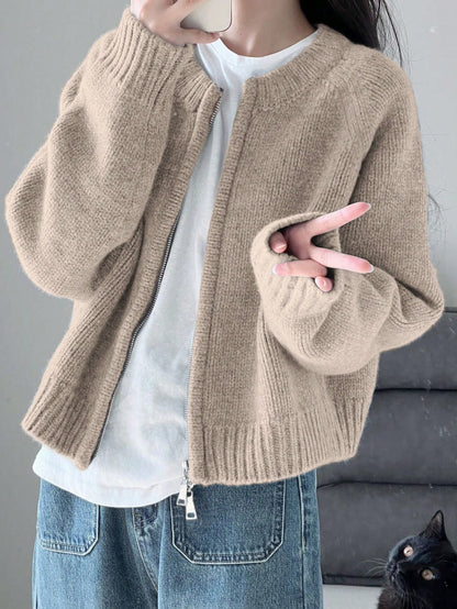 Warm Outerwear Two-Way Zipper Women's Sweater Cardigan Knit Coat, Autumn/Winter,Back To School,Christmas And New Year's Elegant And Casual Long-Sleeved Top