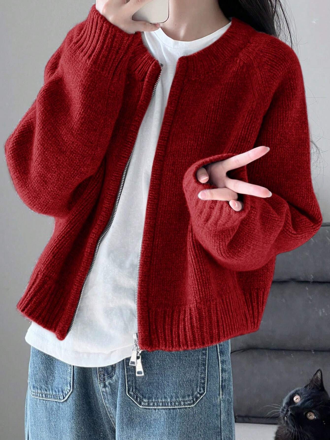 Warm Outerwear Two-Way Zipper Women's Sweater Cardigan Knit Coat, Autumn/Winter,Back To School,Christmas And New Year's Elegant And Casual Long-Sleeved Top