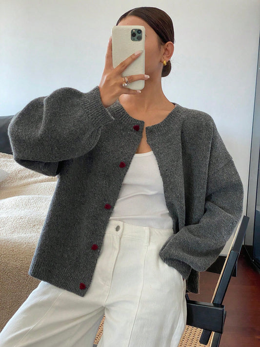 Women's Heart Cuff Decor Crew Neck Cardigan Sweater,Fall Women Clothes Jacket