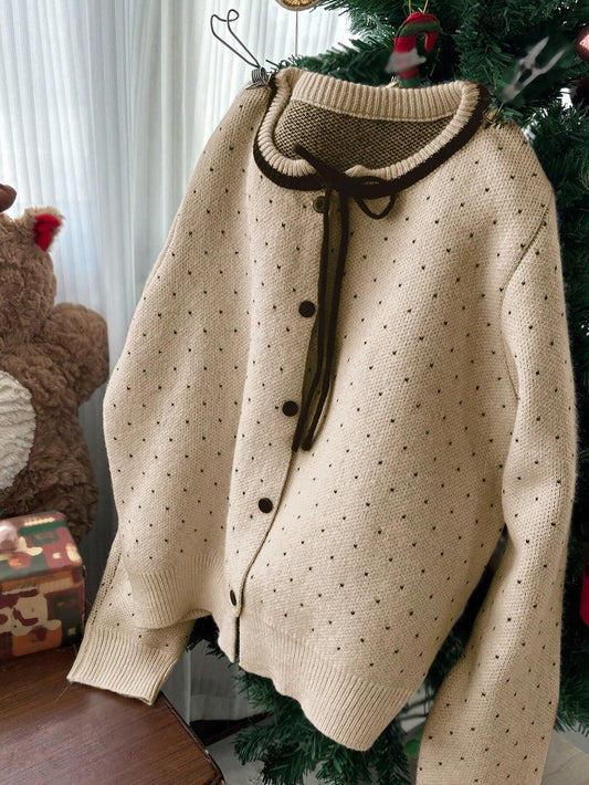 Women's Round Neck Long Sleeve Button Front Casual Polka Dot Sweater,Fall Women Clothes