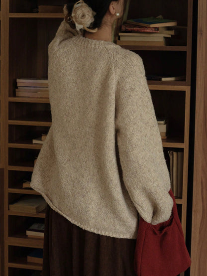 Women's Retro Artistic Style Horn Button Design Round Neck Cardigan, Autumn/Winter