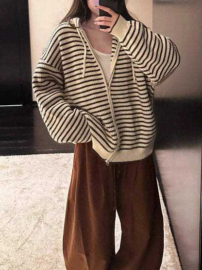 Women's Autumn/Winter Classic Striped Design Hooded Cardigan Sweater, Casual & Minimalist