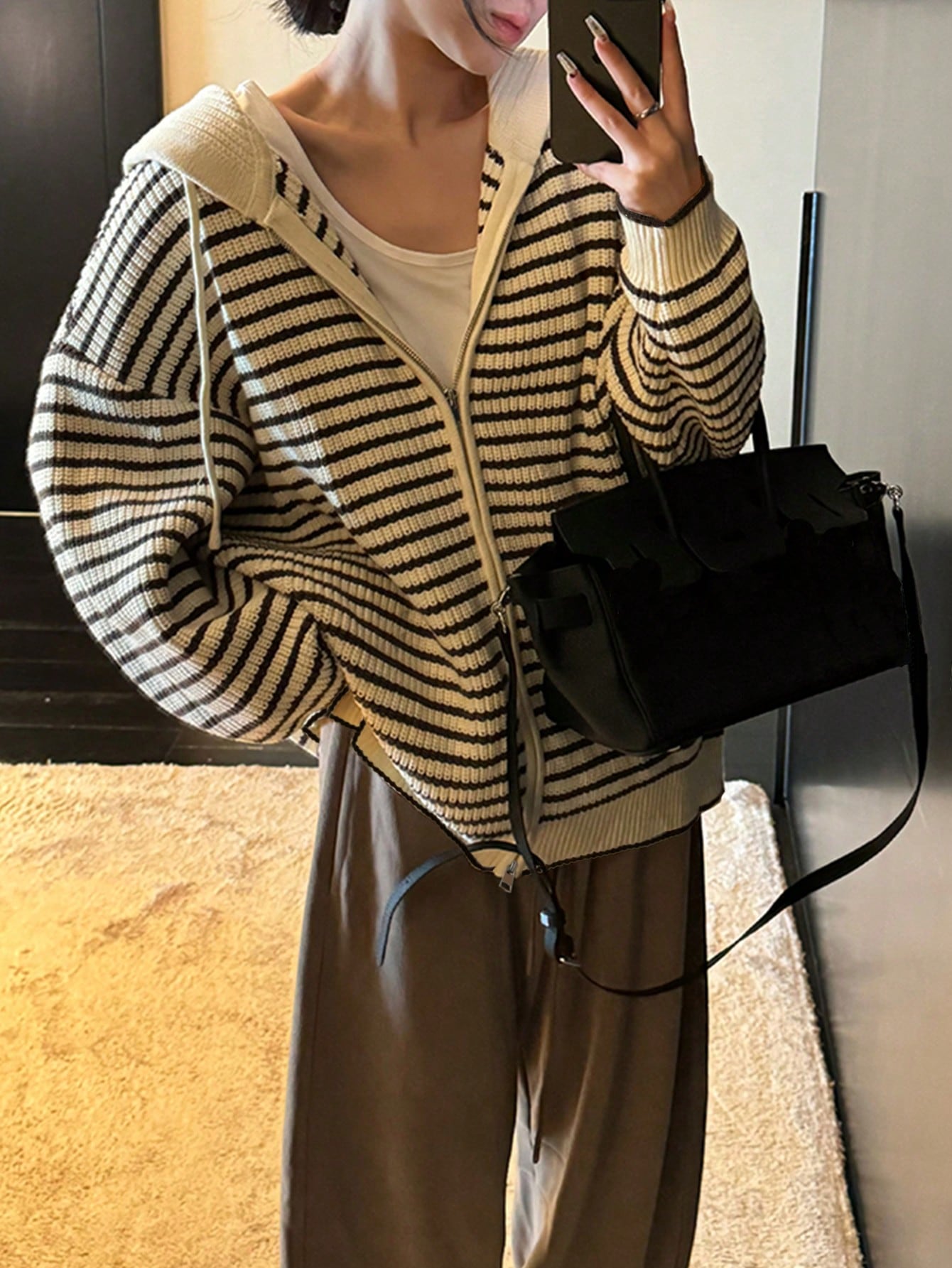 Women's Autumn/Winter Classic Striped Design Hooded Cardigan Sweater, Casual & Minimalist